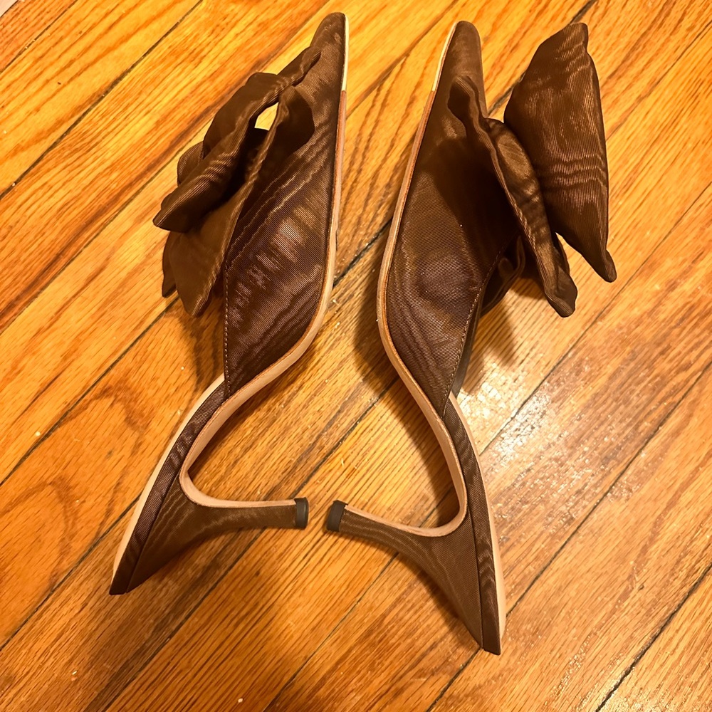 Loeffler Randall Moire bow heel chocolate brown mule party pump pointed - Picture 4 of 5